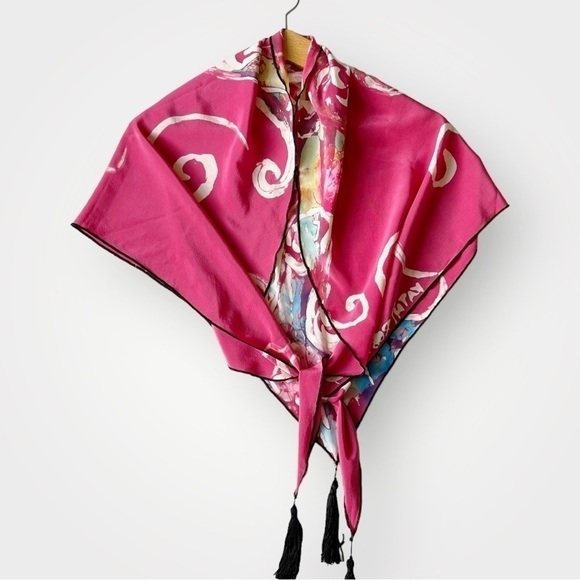 Vtg Kathy Robinson Silk Scarf Tie Dye Swirls Pink Black Trim & Tassels Triangle - Picture 6 of 16